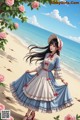 A girl in a blue dress and hat standing on a beach.