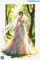 A woman in a wedding dress standing in the woods.