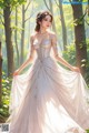 A woman in a wedding dress standing in the woods.