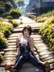 A woman sitting on a wooden walkway in a garden.