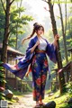 A woman in a blue kimono standing in a forest.