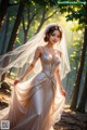 A woman in a wedding dress standing in the woods.