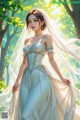 A woman in a wedding dress standing in the woods.