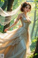 A woman in a wedding dress standing in the woods.