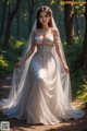 A woman in a wedding dress standing in the woods.