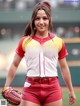 A woman in a baseball uniform holding a baseball glove.