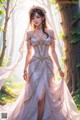 A woman in a wedding dress standing in the woods.