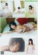 A collage of photos of a woman laying on a bed.